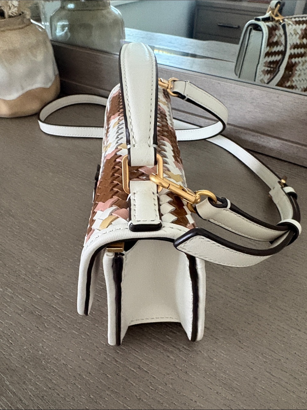 Tory Burch Woven White, Brown & Pink Mini Top-Handle Bag - Picture 7 of 8